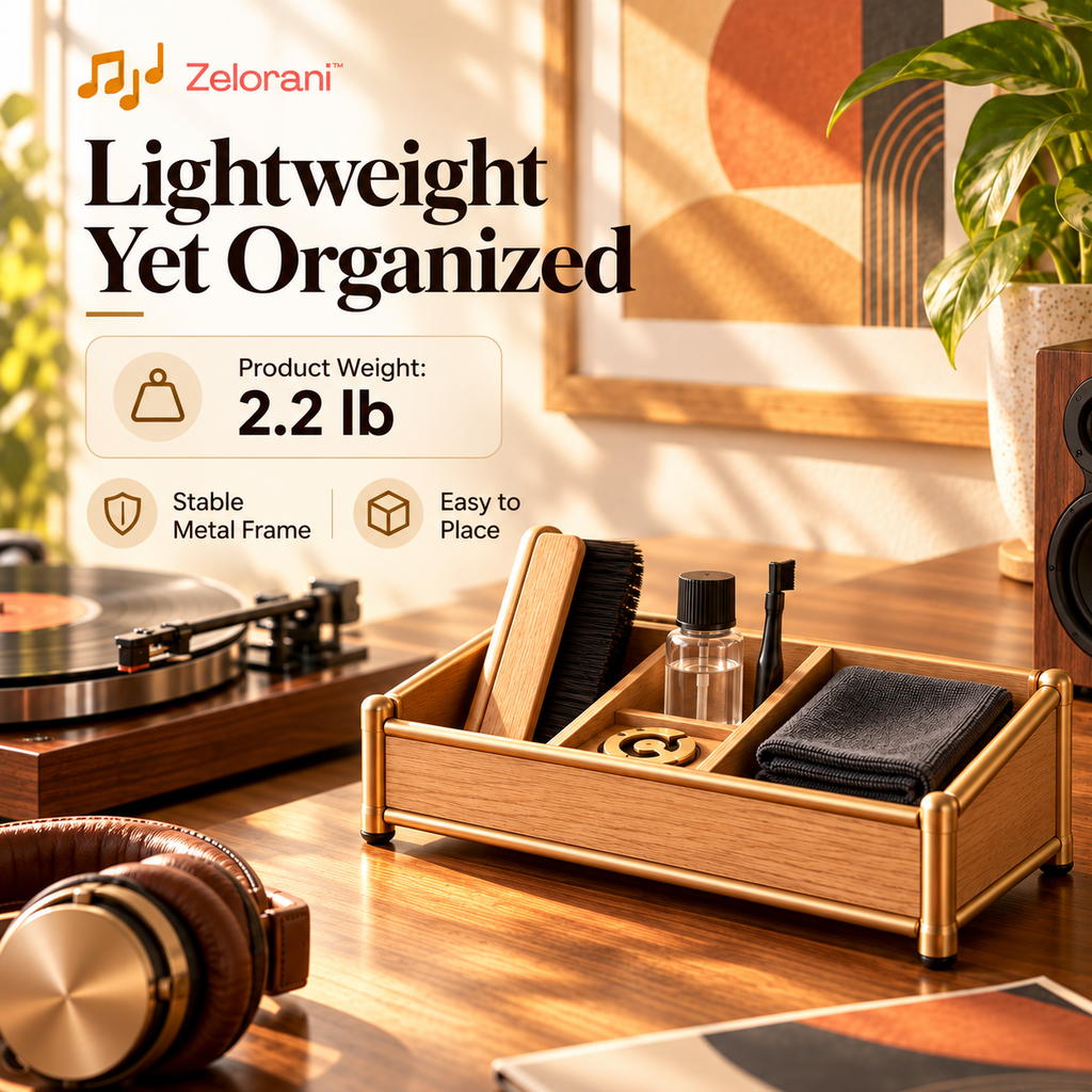 Zelorani™ Quiet Ritual – Minimalist Wooden Turntable Accessory Organizer Tray, Record Cleaning Brush & Stylus Care Storage Holder