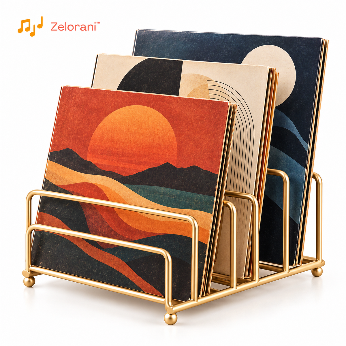 Zelorani™ Cover Gallery – Modern Multi-Slot Vinyl Record Display Stand, Minimalist Metal Album Cover Organizer for Turntable Corners