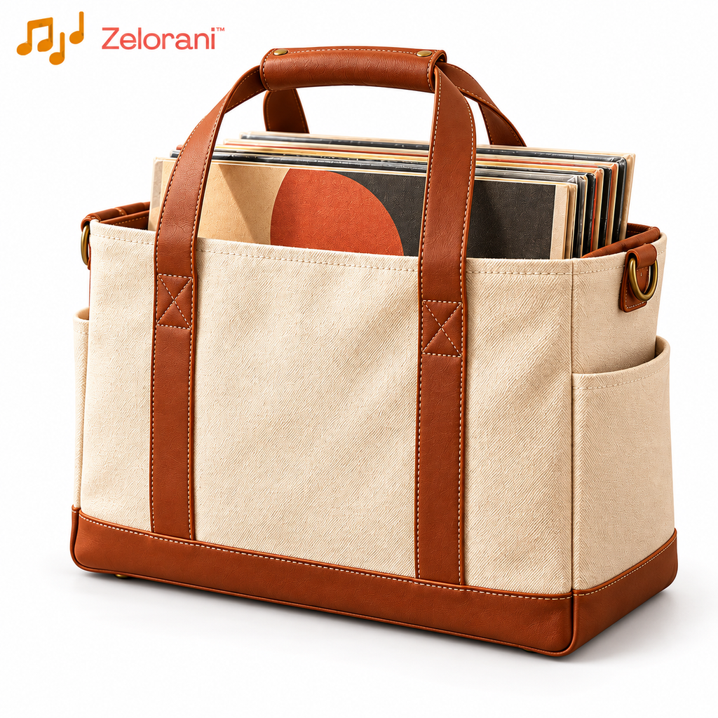 Zelorani™ Studio Carrier – Vintage-Inspired Canvas Vinyl Record Tote Bag, Stylish LP Album Carrying Case for Music Collectors