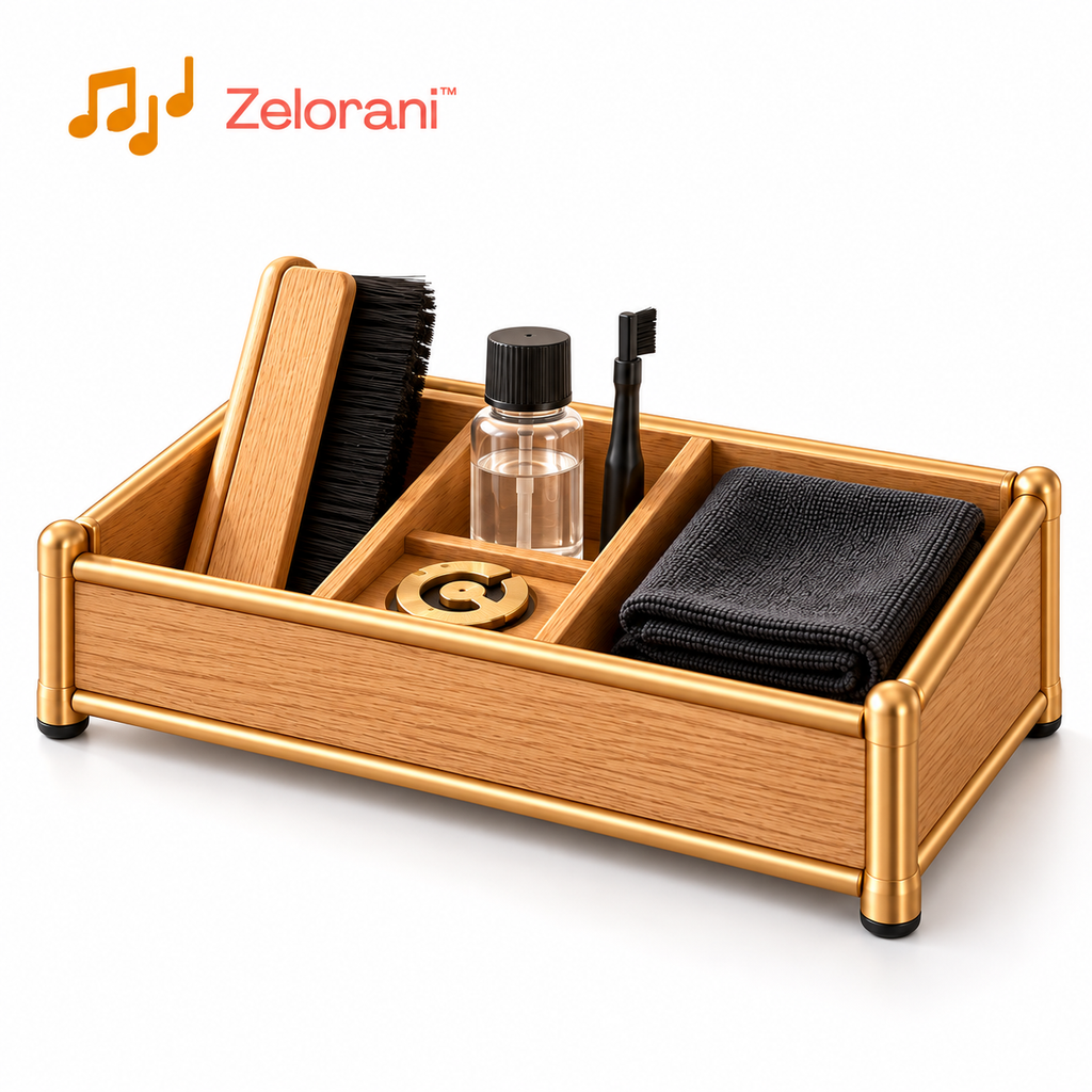 Zelorani™ Quiet Ritual – Minimalist Wooden Turntable Accessory Organizer Tray, Record Cleaning Brush & Stylus Care Storage Holder