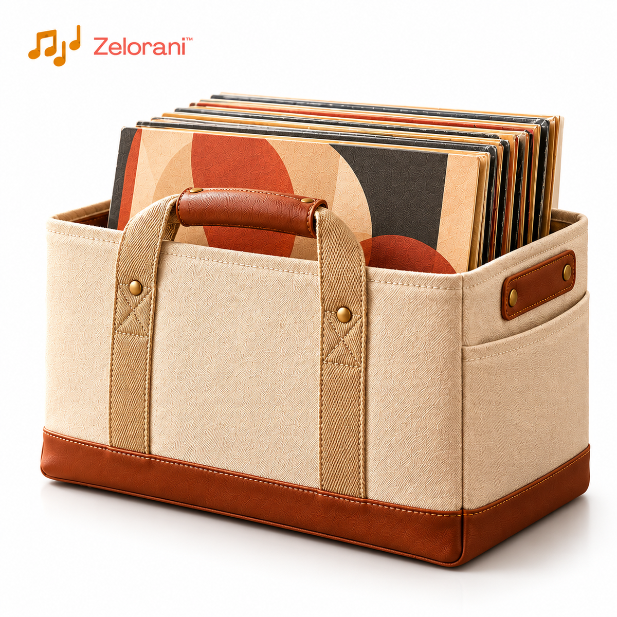 Zelorani™ Soft Archive – Premium Fabric Vinyl Record Storage Basket, Minimalist LP Album Organizer with Carry Handles for Home Collections