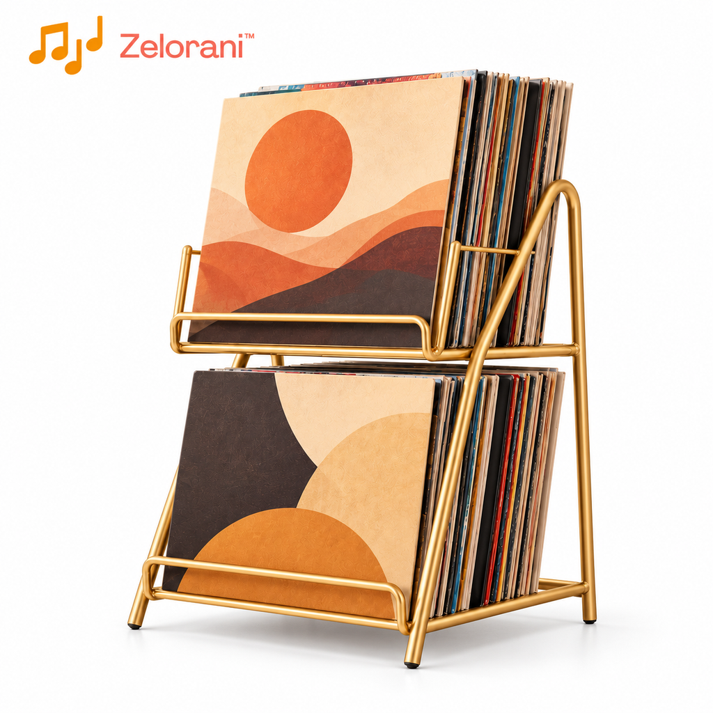 Zelorani™ Double Spin – Two-Tier Vinyl Record Storage Stand, Minimalist Metal LP Album Display Rack for Home Music Collections